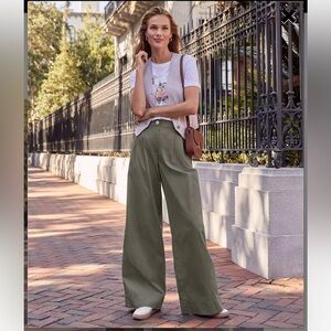 LOFT Green High-Waisted Wide-Leg Trousers